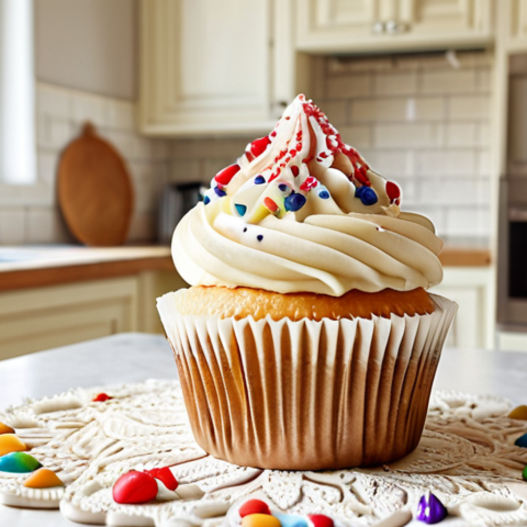 **A beautifully decorated cupcake with intricate details, photographed in a bright, airy kitchen. Social media icons (Instagram, Facebook) subtly overlayed. Focus on the passion and creativity of home baking.**