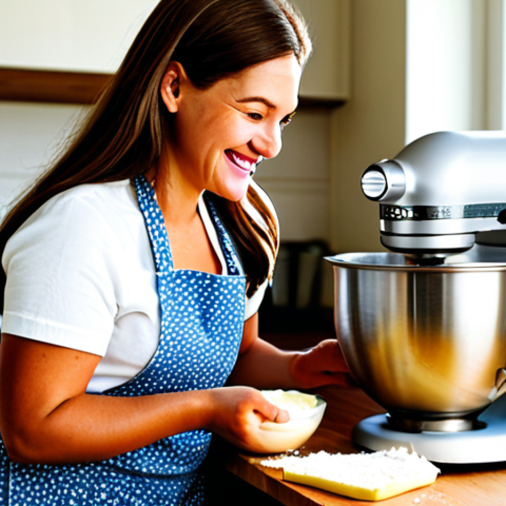 Perfect Cake Baking Scene**

"A bright and airy kitchen scene featuring a woman carefully creaming butter and sugar in a stand mixer. She's wearing a floral apron and has a warm, inviting smile. Bowls of ingredients are neatly arranged, including flour, eggs, and vanilla extract. In the background, a cake is baking in the oven. The scene is filled with natural light, creating a cozy and inviting atmosphere. Focus on perfect lighting and delicious textures. fully clothed, appropriate attire, safe for work, perfect anatomy, natural proportions, professional photography, high quality, family-friendly."

**