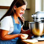 Perfect Cake Baking Scene**

"A bright and airy kitchen scene featuring a woman carefully creaming butter and sugar in a stand mixer. She's wearing a floral apron and has a warm, inviting smile. Bowls of ingredients are neatly arranged, including flour, eggs, and vanilla extract. In the background, a cake is baking in the oven. The scene is filled with natural light, creating a cozy and inviting atmosphere. Focus on perfect lighting and delicious textures. fully clothed, appropriate attire, safe for work, perfect anatomy, natural proportions, professional photography, high quality, family-friendly."

**