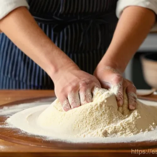 Home 27 제과 기능사 필기 시험의 핵심 개념 - **Prompt:** A close-up, high-angle shot of a baker's hands, clean and lightly dusted with flour, met...