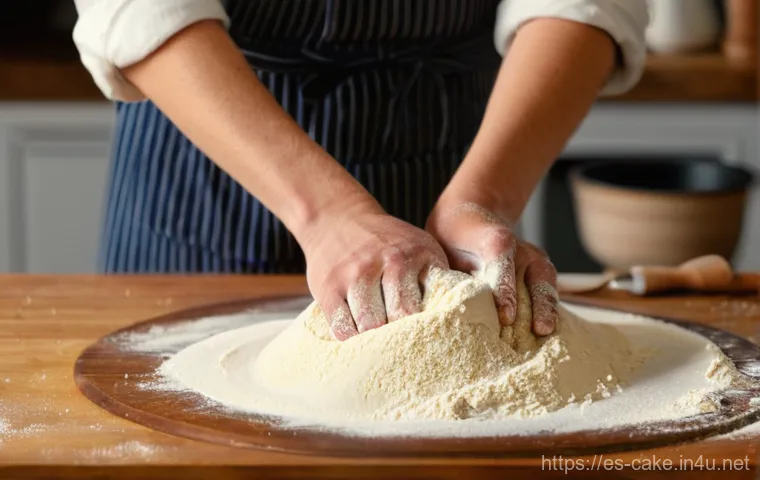 제과 기능사 필기 시험의 핵심 개념 - **Prompt:** A close-up, high-angle shot of a baker's hands, clean and lightly dusted with flour, met...