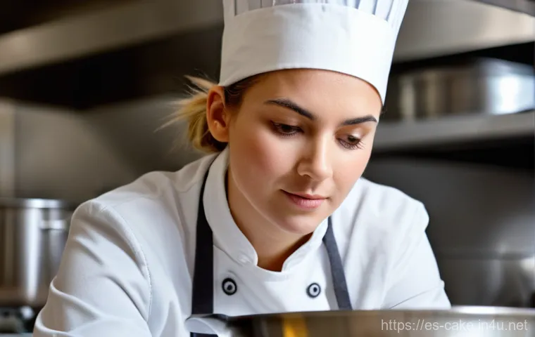 제과 자격증 준비 중 알아야 할 꿀팁 - **Prompt:** A female pastry chef, mid-shot, focused intently on a digital precision scale, accuratel...