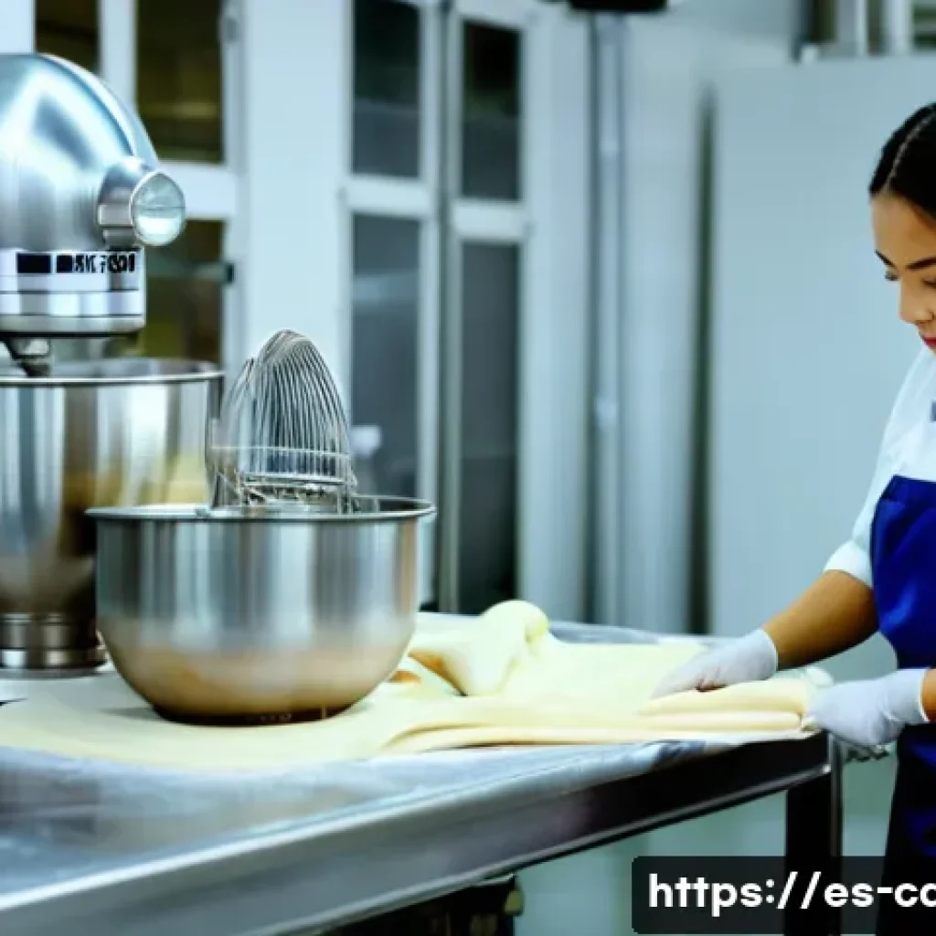 제과업계에서 장비 관리의 중요성 - A professional baker, wearing a clean apron and chef's jacket, meticulously inspecting a large, glea...