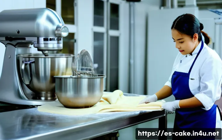 제과업계에서 장비 관리의 중요성 - A professional baker, wearing a clean apron and chef's jacket, meticulously inspecting a large, glea...
