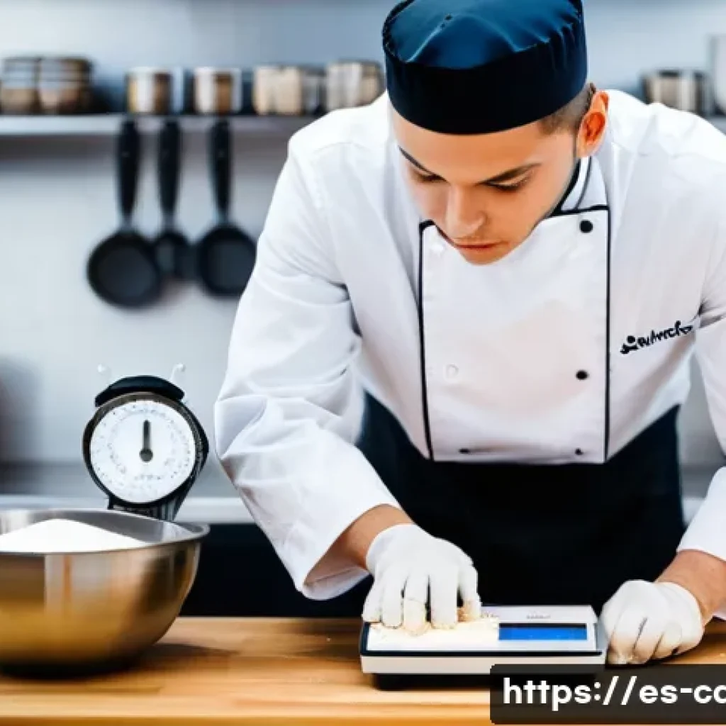 제과 실기 시험 필수 도구 - **Prompt:** A highly focused pastry chef, wearing a clean white chef's jacket and a dark apron, meti...