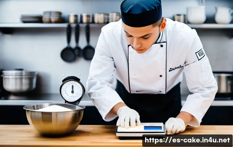 제과 실기 시험 필수 도구 - **Prompt:** A highly focused pastry chef, wearing a clean white chef's jacket and a dark apron, meti...
