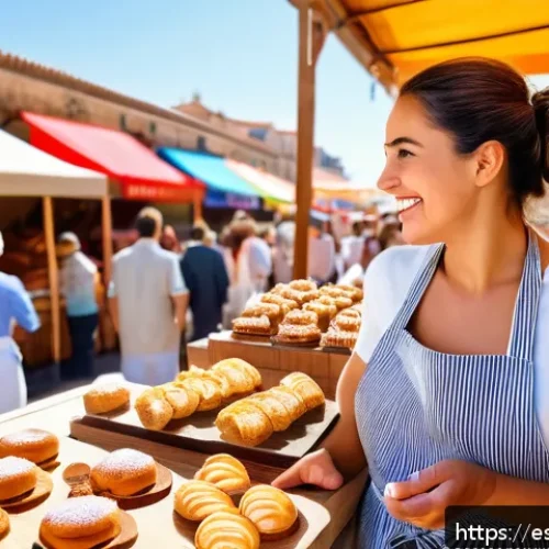 Home 13 제과 자격증 없이 취업 가능한 직종 - A vibrant local artisan market scene in Spain, showing a cheerful young female baker with medium ski...