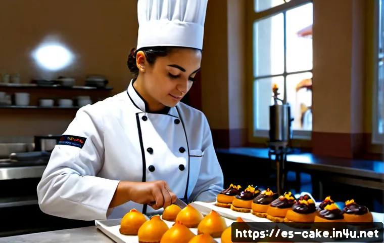 Home 17 제과 자격증과 관련된 다양한 직무 소개 - Photorealistic Spanish pastry chef decorating elegant individual cakes in a bright artisan bakery, f...