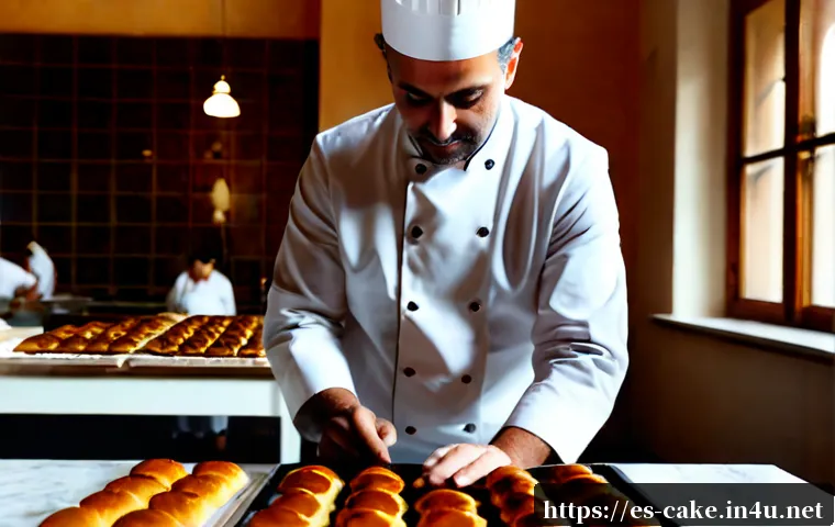 제과업계에서의 멘토 찾는 방법 - Photorealistic Spanish pastry workshop, an experienced middle-aged confectioner in a clean white che...